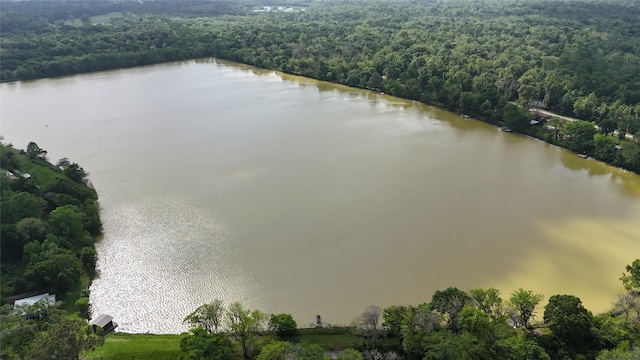 birds eye view of property with a water view and a wooded view