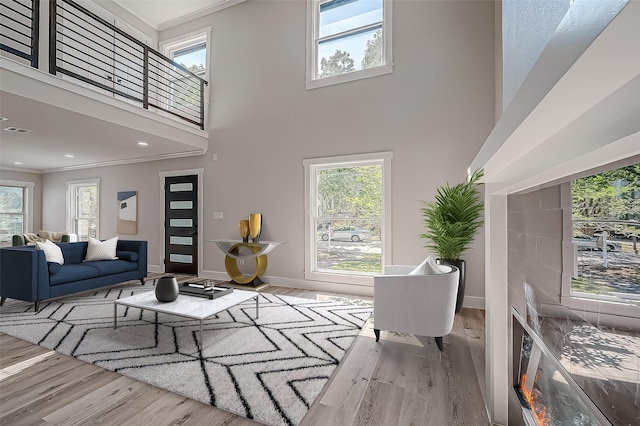 2102 Banks St, Houston, TX 77098 - living area featuring crown molding, wood finished floors, and a healthy amount of sunlight
