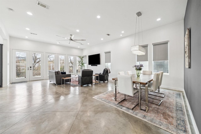 dining room featuring recessed lighting, visible vents, and french doors