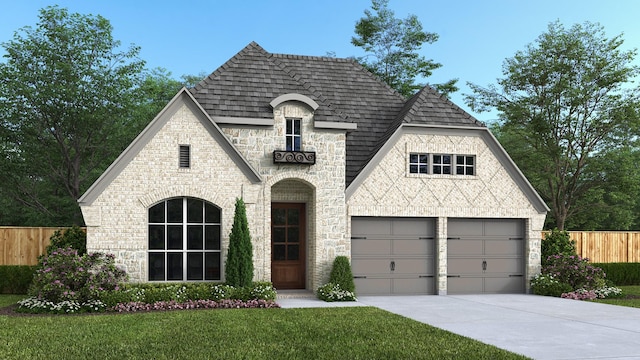 1132 Beals Creek St, Conroe, TX 77304 - french provincial home featuring fence, stone siding, driveway, and a garage