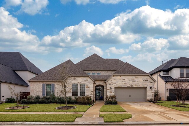 french country inspired facade featuring a shingled roof, a front lawn, an attached garage, driveway, and stone siding