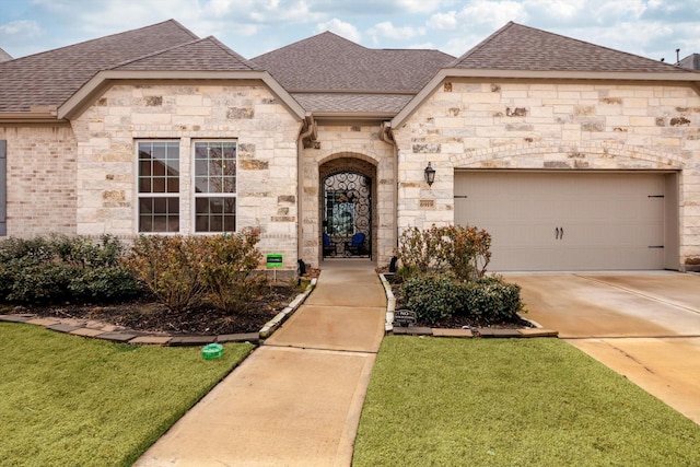 french country inspired facade with a shingled roof, concrete driveway, stone siding, a front yard, and a garage