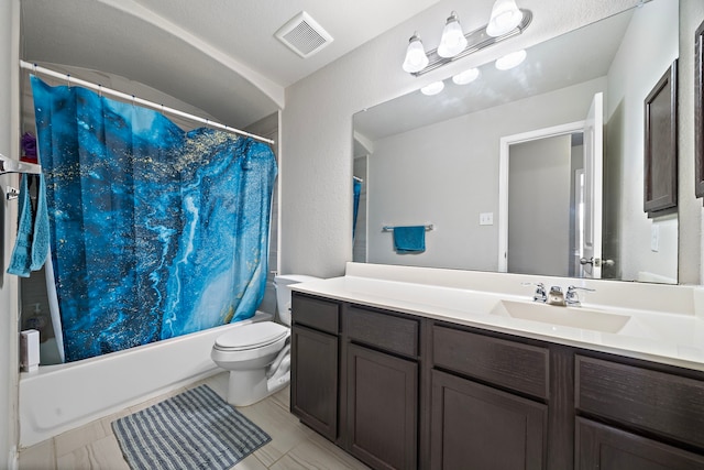 32610 Dew Crest St, Brookshire, TX 77423 - bathroom with visible vents, toilet, vanity, and shower / bath combination with curtain