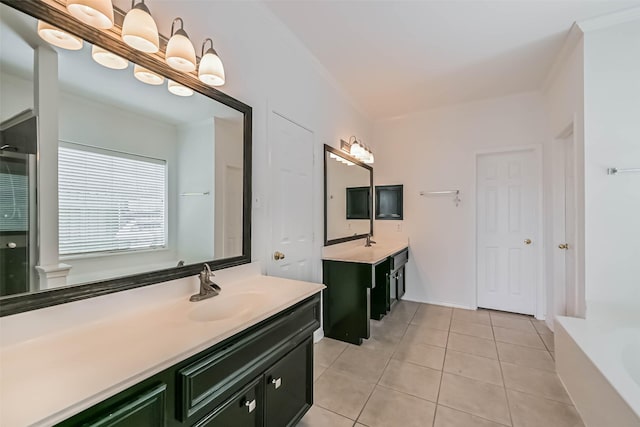 full bathroom with two vanities, tile patterned flooring, a sink, and a bathing tub