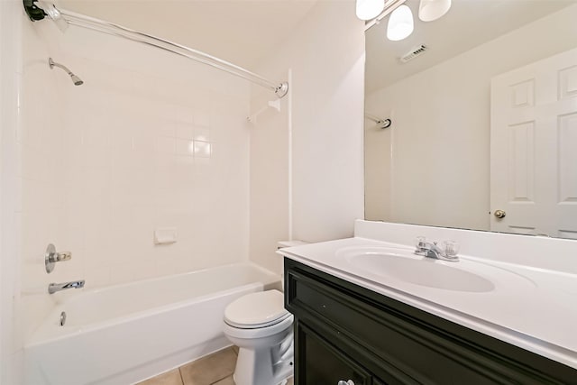 full bathroom featuring tile patterned floors, vanity, shower / washtub combination, toilet, and visible vents