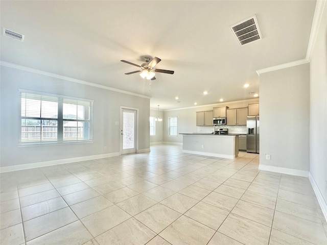 452 Long Beach Bay Dr, Katy, TX 77493 - unfurnished living room featuring crown molding, ceiling fan, light tile patterned floors, and recessed lighting