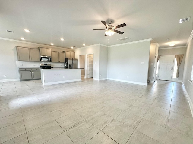 452 Long Beach Bay Dr, Katy, TX 77493 - unfurnished living room with ornamental molding, a ceiling fan, light tile patterned floors, and recessed lighting