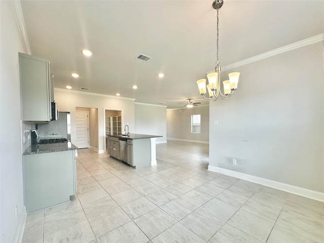452 Long Beach Bay Dr, Katy, TX 77493 - kitchen with crown molding, appliances with stainless steel finishes, open floor plan, a chandelier, and recessed lighting