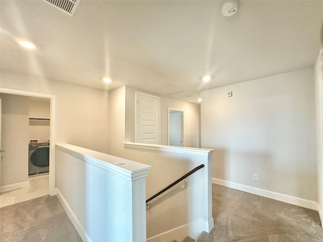 452 Long Beach Bay Dr, Katy, TX 77493 - hall featuring an upstairs landing, washer / dryer, recessed lighting, and carpet floors