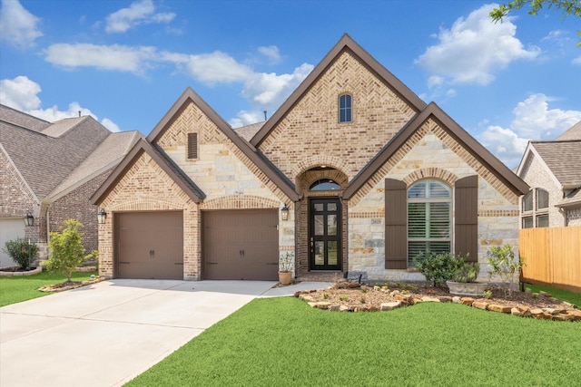 french country style house featuring concrete driveway, brick siding, stone siding, and a front yard