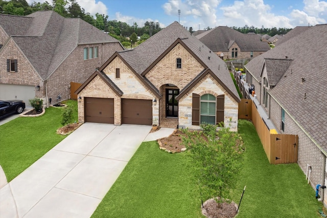 french country inspired facade featuring an attached garage, driveway, stone siding, and brick siding