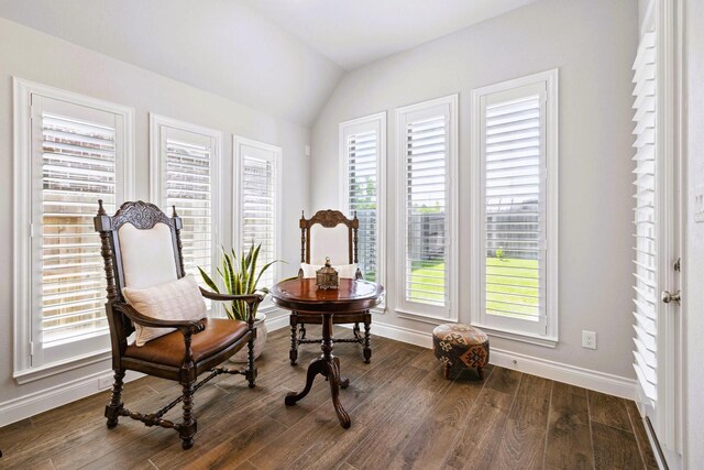 living area featuring baseboards, vaulted ceiling, and plenty of natural light