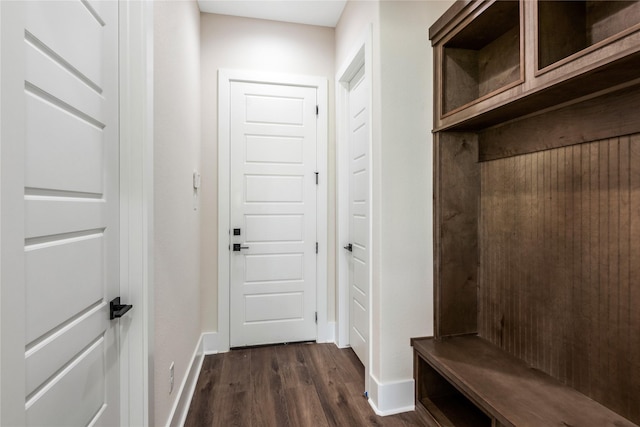 mudroom with dark wood-type flooring and baseboards