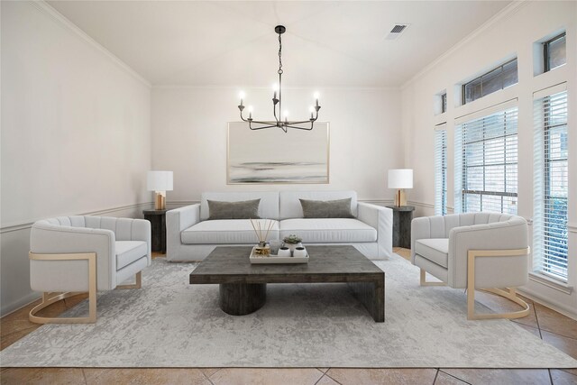 25630 Creston Meadow Dr, Richmond, TX 77406 - living room with tile patterned floors, vaulted ceiling, an inviting chandelier, and ornamental molding