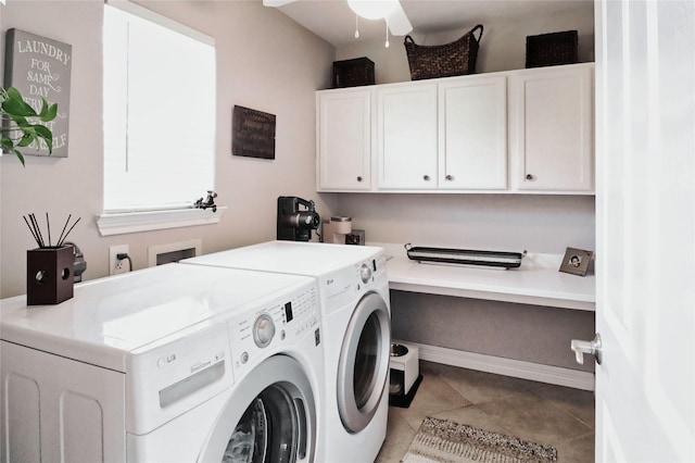 clothes washing area featuring separate washer and dryer, cabinet space, ceiling fan, and tile patterned flooring