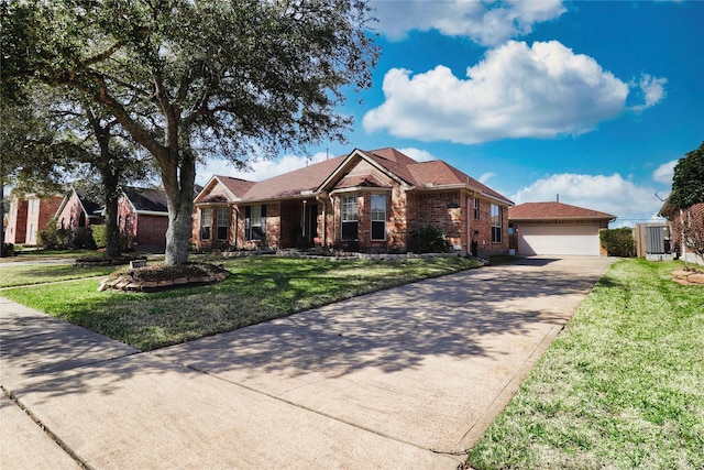 ranch-style house featuring brick siding, a garage, a front lawn, and driveway