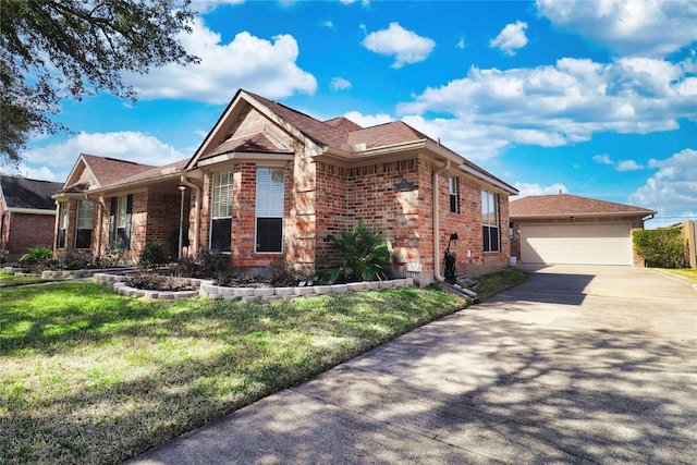 ranch-style home with brick siding and a front lawn