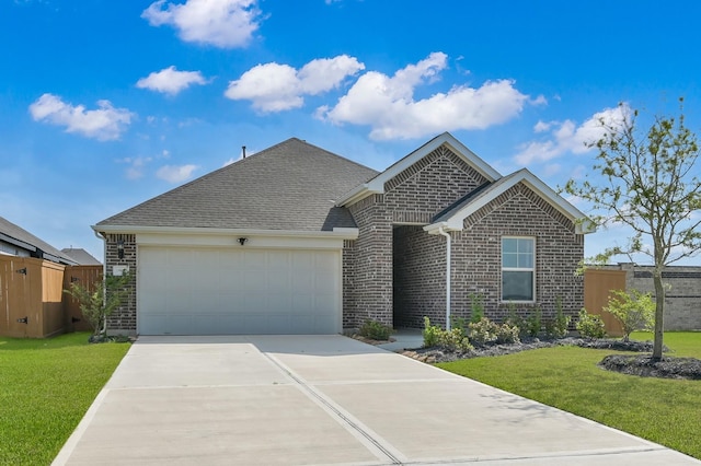 view of front of house featuring a front lawn, driveway, fence, brick siding, and a garage