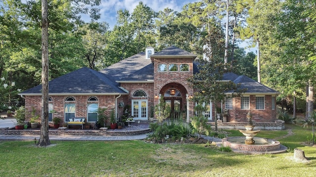 view of front of property featuring a front lawn, brick siding, roof with shingles, and french doors