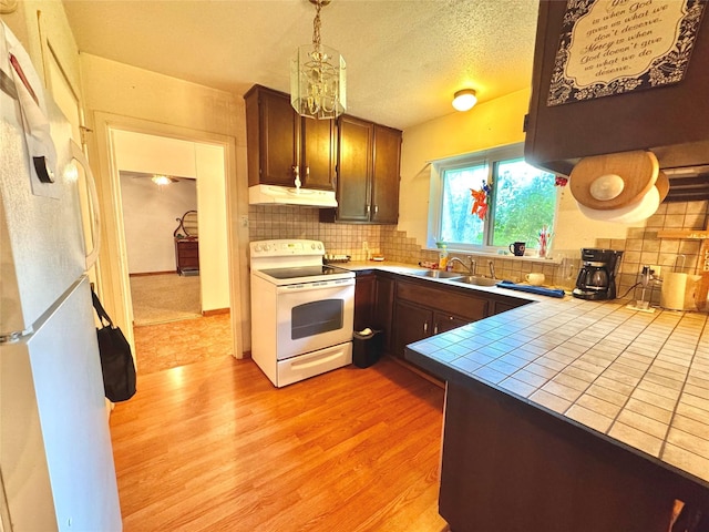 kitchen featuring tile counters, a sink, white appliances, light wood-style flooring, and under cabinet range hood