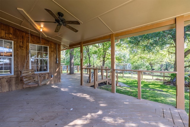 5233 N US Highway 183, Gonzales, TX 78629 - deck with a storage shed, an outbuilding, a fenced backyard, a lawn, and ceiling fan