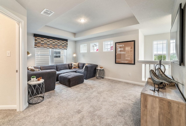 1200 Haverford Ln, Dayton, TX 77535 - living room with baseboards, visible vents, carpet floors, and a raised ceiling