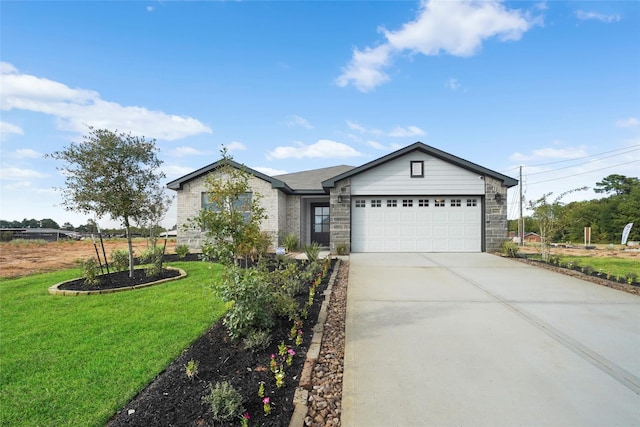 804 Timmons Ln, Dayton, TX 77535 - ranch-style home featuring a garage, driveway, stone siding, and a front lawn