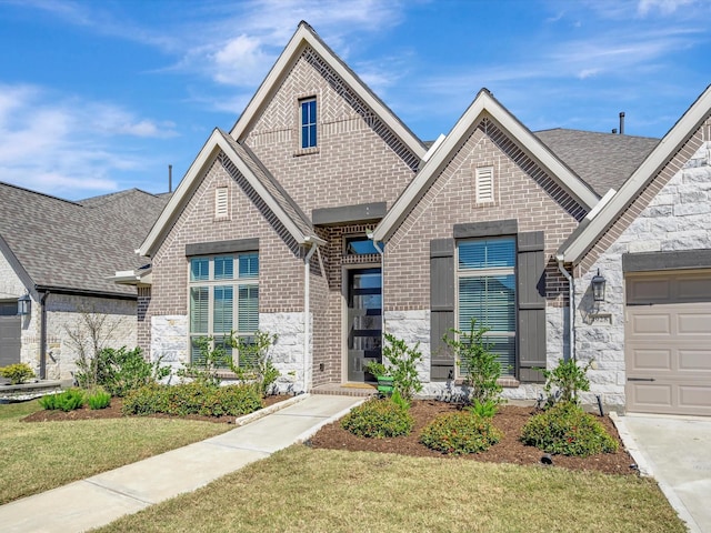 view of front of home featuring brick siding, a shingled roof, a front lawn, and stone siding