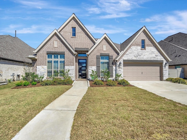 view of front of property featuring stone siding, driveway, brick siding, and a front yard