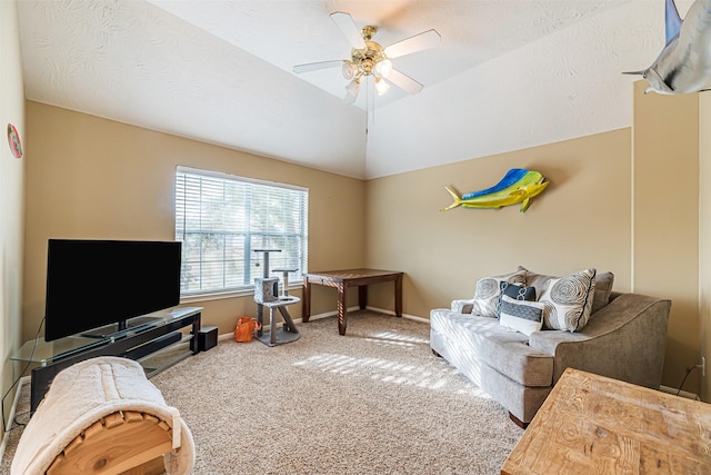 11906 Canyon Valley Dr, Tomball, TX 77377 - carpeted living room with lofted ceiling, a ceiling fan, and baseboards