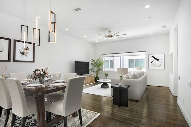 1155 W 18th St, Houston, TX 77008 - dining room featuring dark wood finished floors, recessed lighting, a ceiling fan, and baseboards