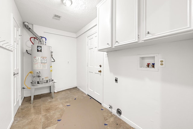 laundry room featuring water heater, hookup for an electric dryer, hookup for a washing machine, cabinet space, and a textured ceiling