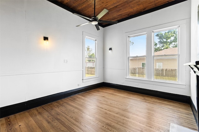 spare room with baseboards, lofted ceiling, a ceiling fan, wood finished floors, and wood ceiling