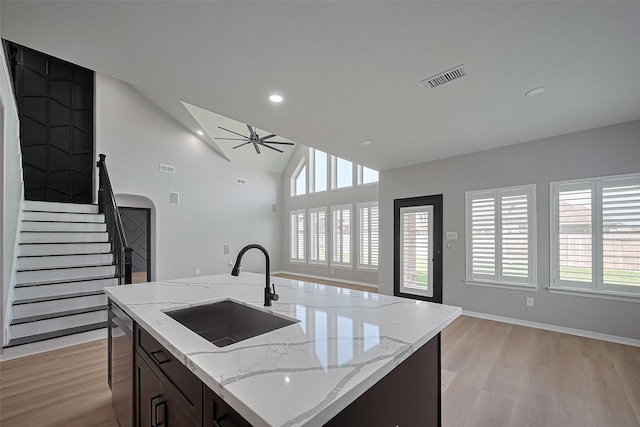 2006 Deer Vly, Missouri City, TX 77459 - kitchen featuring visible vents, a sink, open floor plan, and light wood-type flooring
