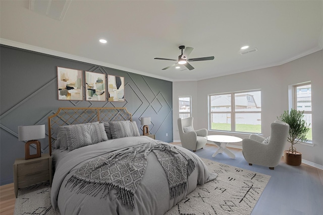 2006 Deer Vly, Missouri City, TX 77459 - bedroom featuring ornamental molding, recessed lighting, wood finished floors, and visible vents