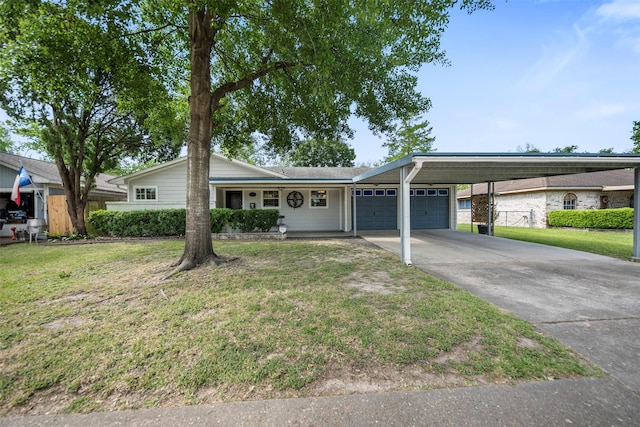 ranch-style house featuring fence, a front lawn, concrete driveway, a carport, and a garage