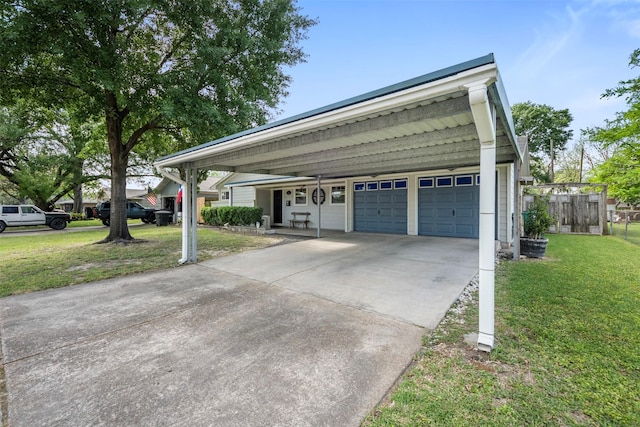 ranch-style home featuring concrete driveway, a carport, fence, a porch, and a front yard