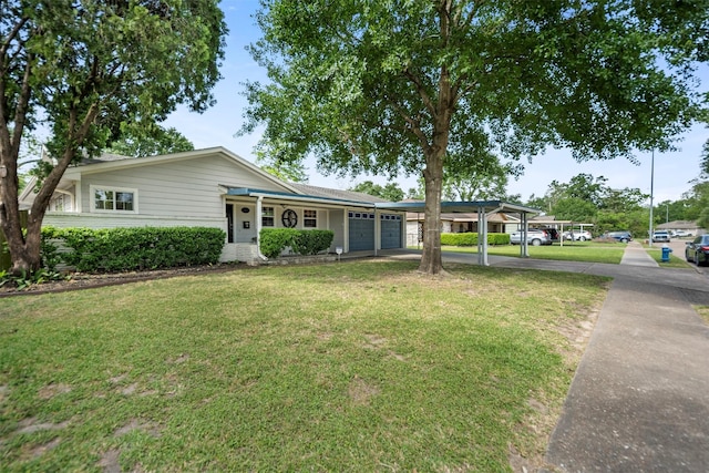 single story home with an attached garage, a front lawn, and aphalt driveway