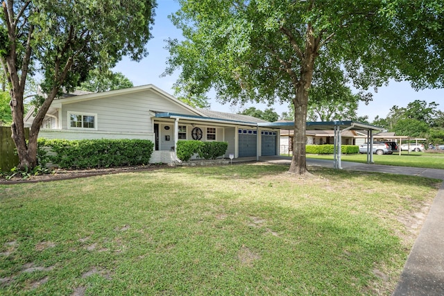 ranch-style home with a carport, driveway, a front yard, and a garage