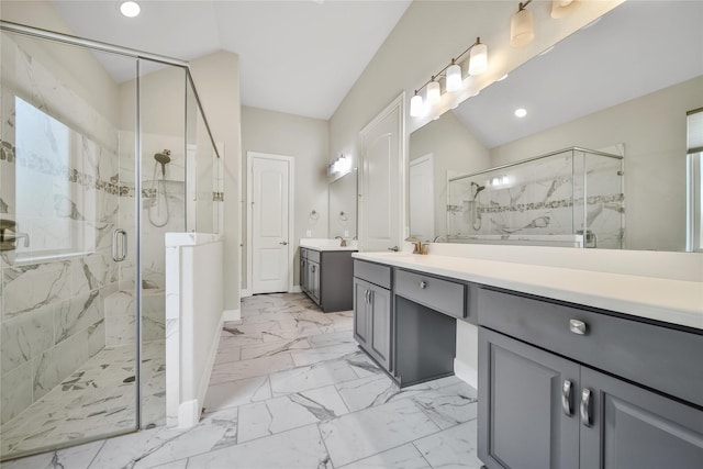 29167 Turning Springs Ln, Fulshear, TX 77441 - bathroom with marble finish floor, recessed lighting, vanity, and a marble finish shower