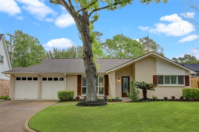single story home with brick siding, an attached garage, concrete driveway, and roof with shingles