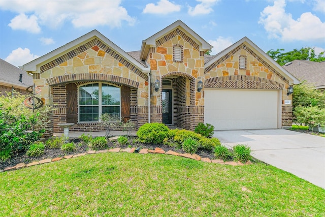 view of front of home with stone siding, concrete driveway, brick siding, an attached garage, and a front yard