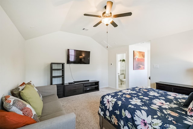 carpeted bedroom featuring vaulted ceiling, visible vents, and a ceiling fan