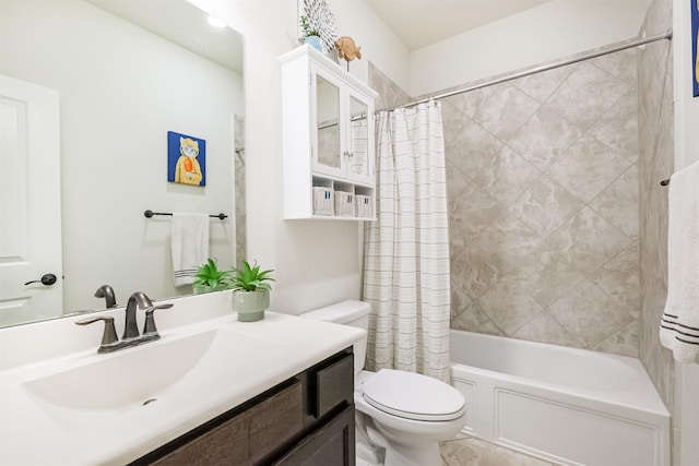 bathroom with shower / tub combo, toilet, and vanity