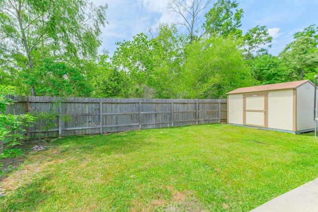 view of yard featuring a fenced backyard, an outbuilding, and a storage shed