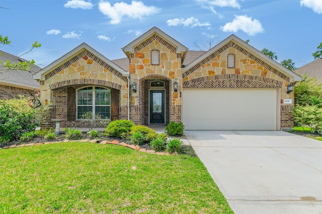 view of front of property with concrete driveway, stone siding, brick siding, a front yard, and a garage