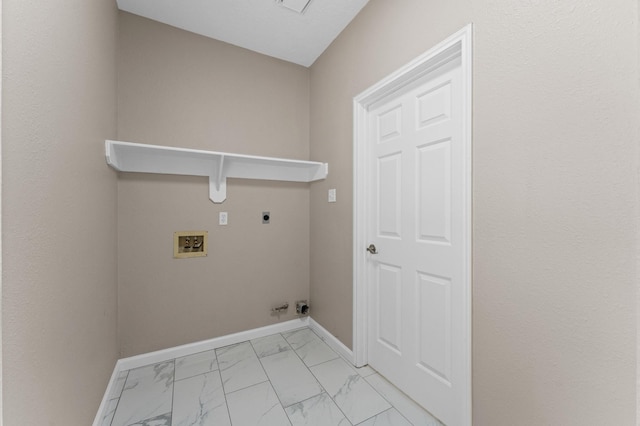 15306 Goodman St, Houston, TX 77084 - washroom featuring hookup for an electric dryer, light marble finish flooring, hookup for a washing machine, and baseboards