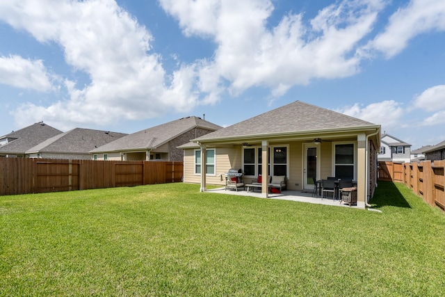 7702 Royal Oasis Ln, Cypress, TX 77433 - rear view of house featuring ceiling fan, a fenced backyard, a yard, and a patio