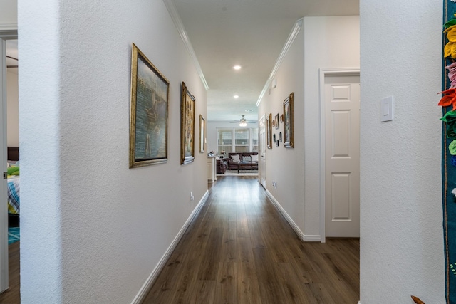 7702 Royal Oasis Ln, Cypress, TX 77433 - corridor with baseboards, recessed lighting, wood finished floors, a textured wall, and ornamental molding