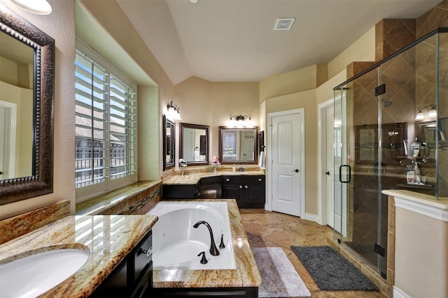 12603 Mostyn Ct, Magnolia, TX 77354 - bathroom featuring a sink, two vanities, a garden tub, and a shower stall